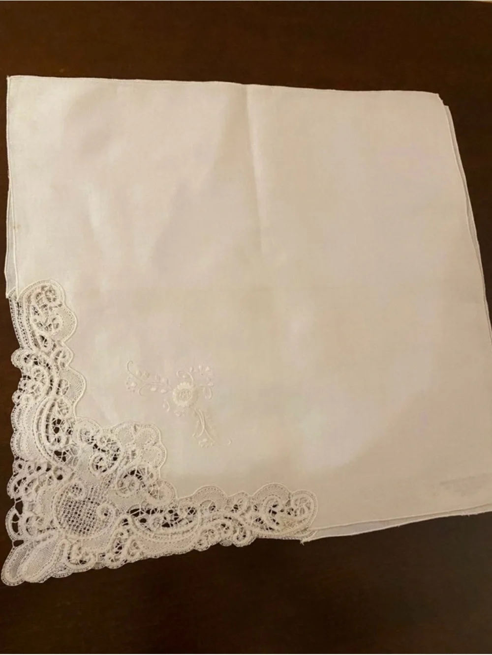 Vintage Heirloom hand Embroidered Lace-Edge White Linen Bridal Hanky